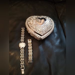 Vintage silver plated heart shaped box with two toned watch and bracelet.